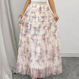 Ultra Pink Tiered Ruffle Tulle Midi/Maxi Skirt
